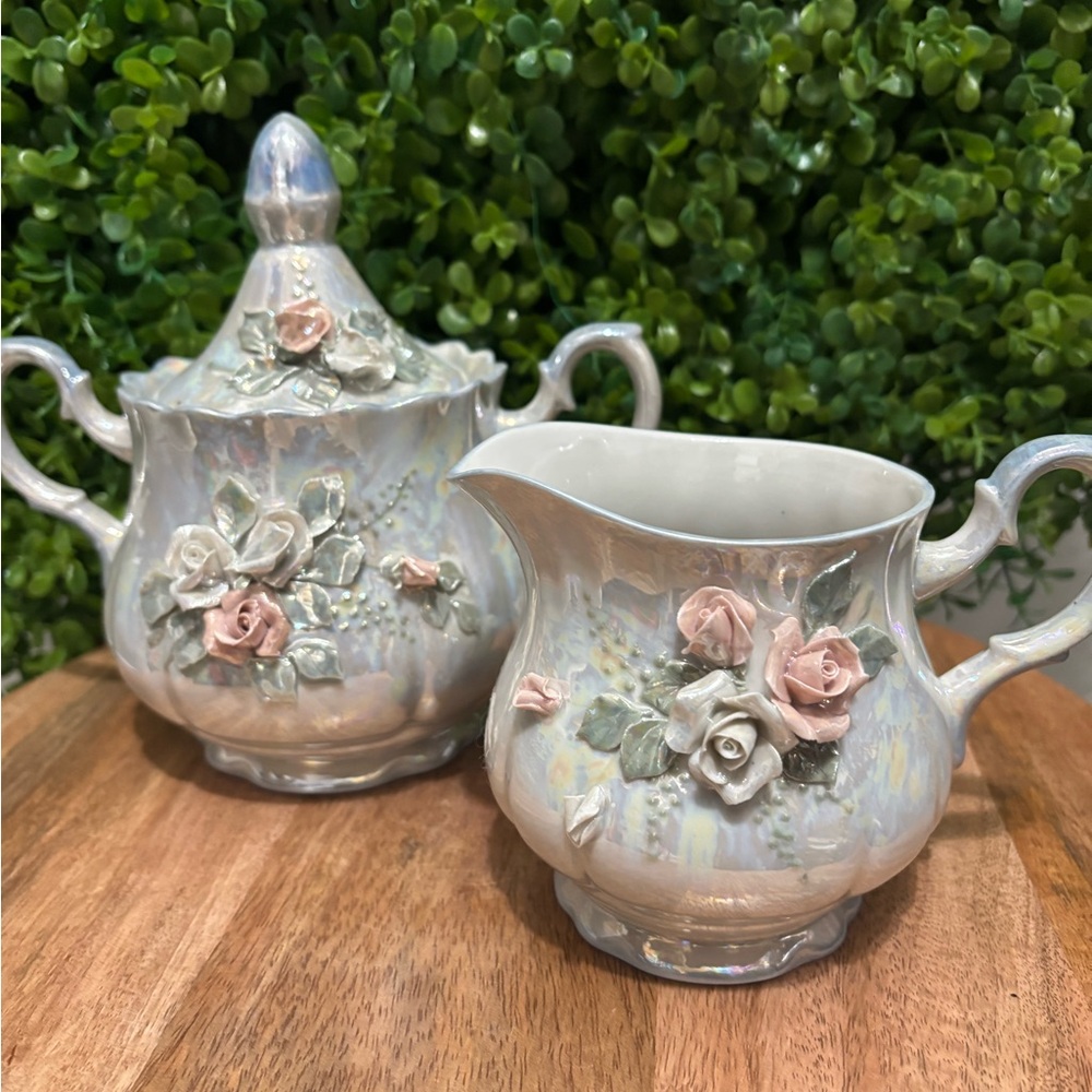 Iridescent Porcelain Creamer and Sugar Set with Pink Rose Appliques